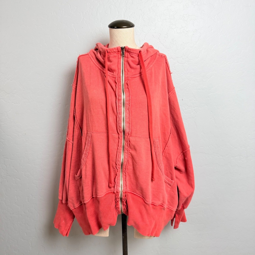 We The Free People Oversized Zip Up Hoodie Coral Pink Raw Seam Sweatshirt Small